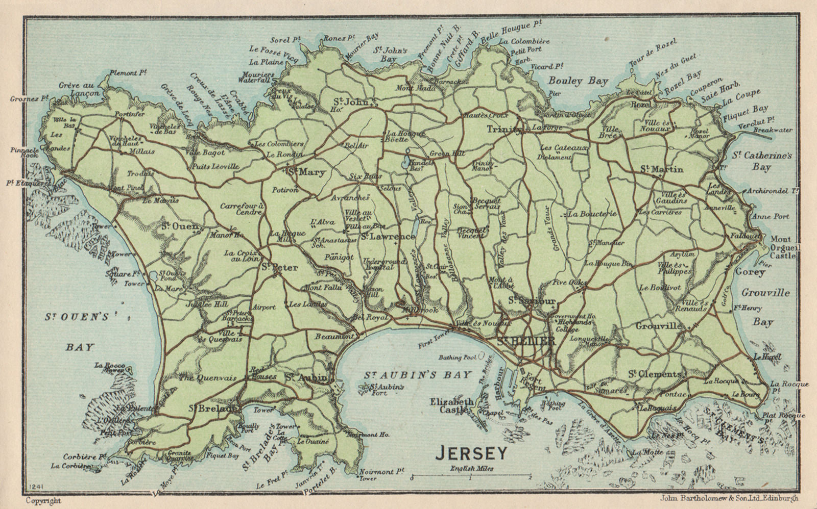 JERSEY. Vintage map plan. Channel Islands. St Helier 1950 old vintage